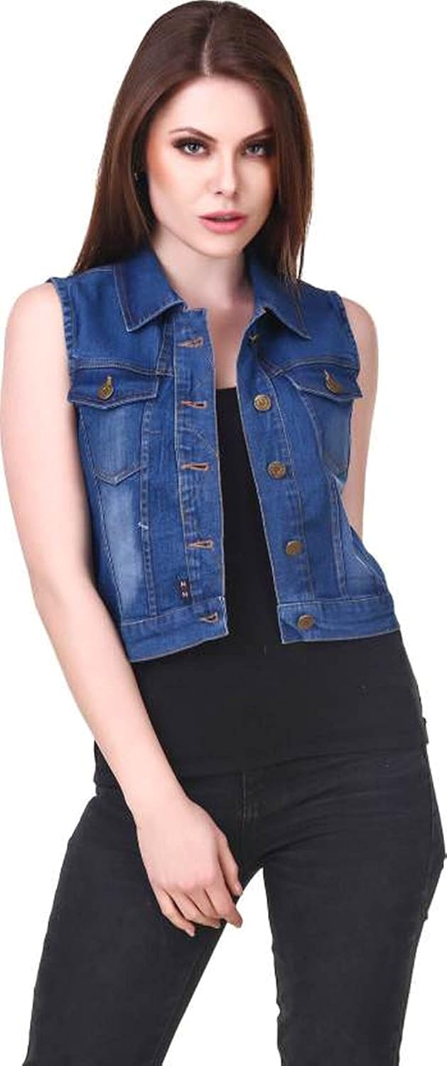 g.s.a enterprises stylish sleeveless dark blue regular collar women's denim jacket