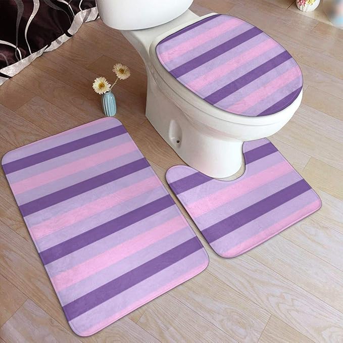 Pink Purple Stripes Bathroom Rug Mats Set 3 Piece, Bathroom