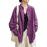 Aeneontrue Women's Linen Oversized Blouses Vintage Long Sleeve Jackets Loose fit Chinese Frog Shirts