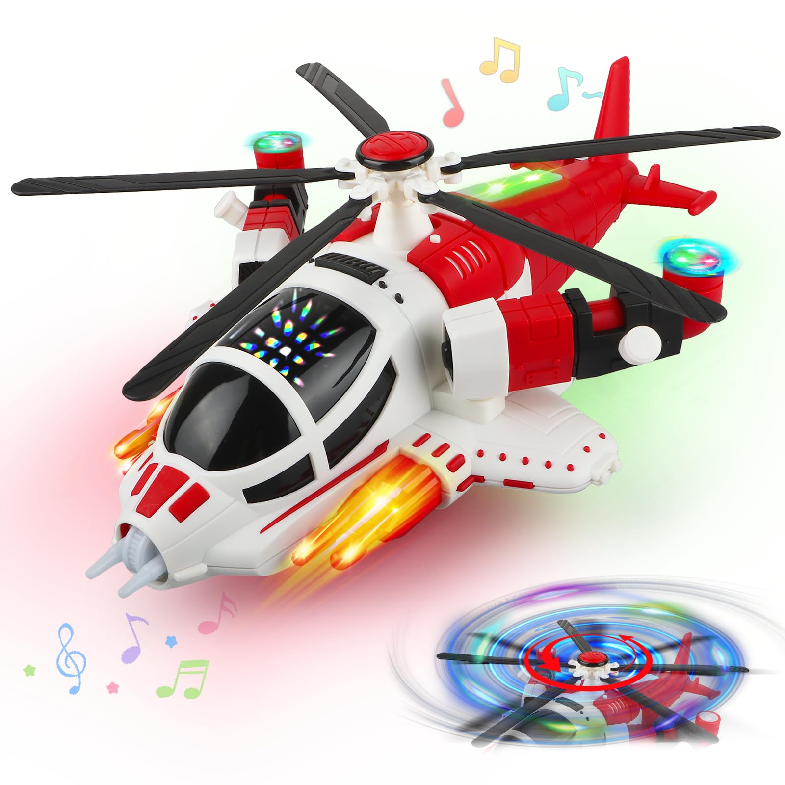 victob Helicopter Toy for Toddlers with Lights and Music, 360° Rotating Airplane Toy for Kids, Bump-and-Go Action, Birthday Gift for Boys Girls Ages 3-7, Red