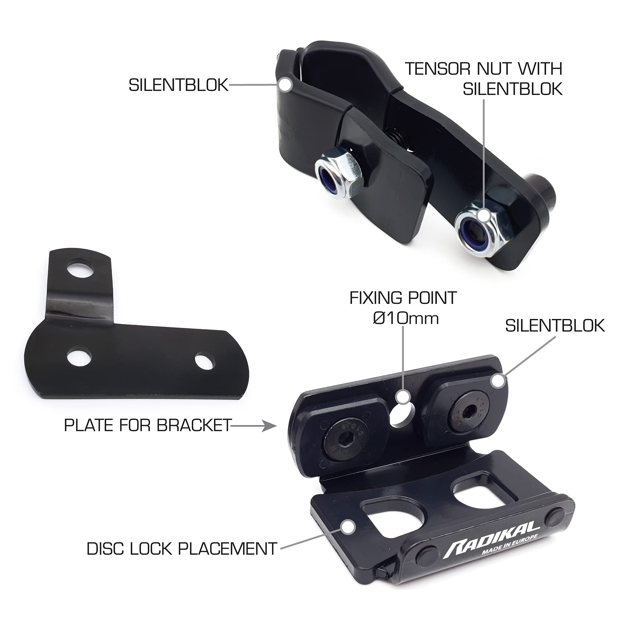 RADIKAL RK14S+RK402 Approved Alarm Disc Lock Motorcycle with Transport Bracket, Hardened Stainless Steel Double Locking, High-End Alarm System with Warning Optional Activation, LED Alert 14mm/0.55in