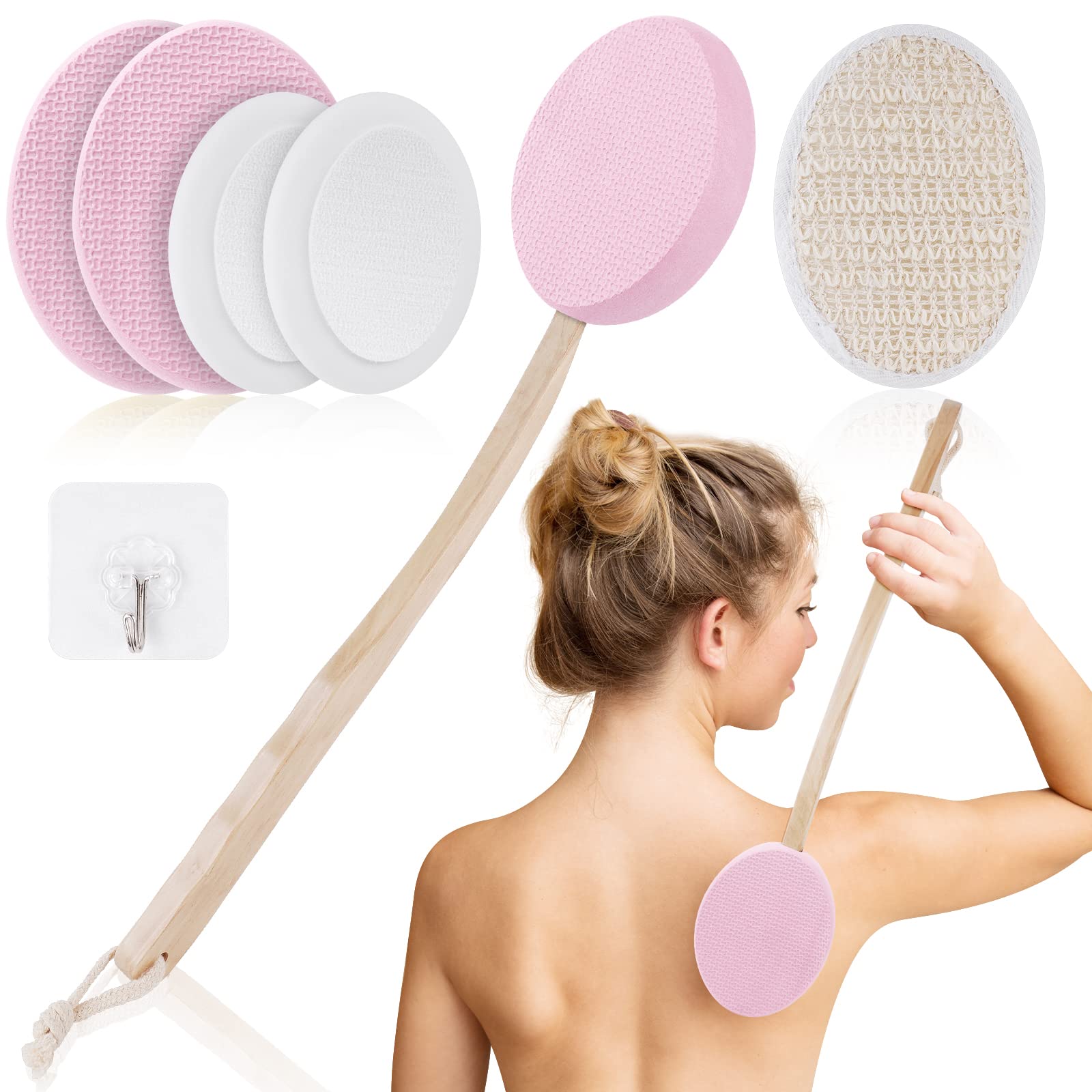 URAQT Back Cream Applicator, 7 Pack Lotion Applicator for Back, 2 in 1 Body Brush Back Scrubber for Self Application and Shower, Long Wooden Handle Back Applicator with 4 Pads, Bath Brush, Hook