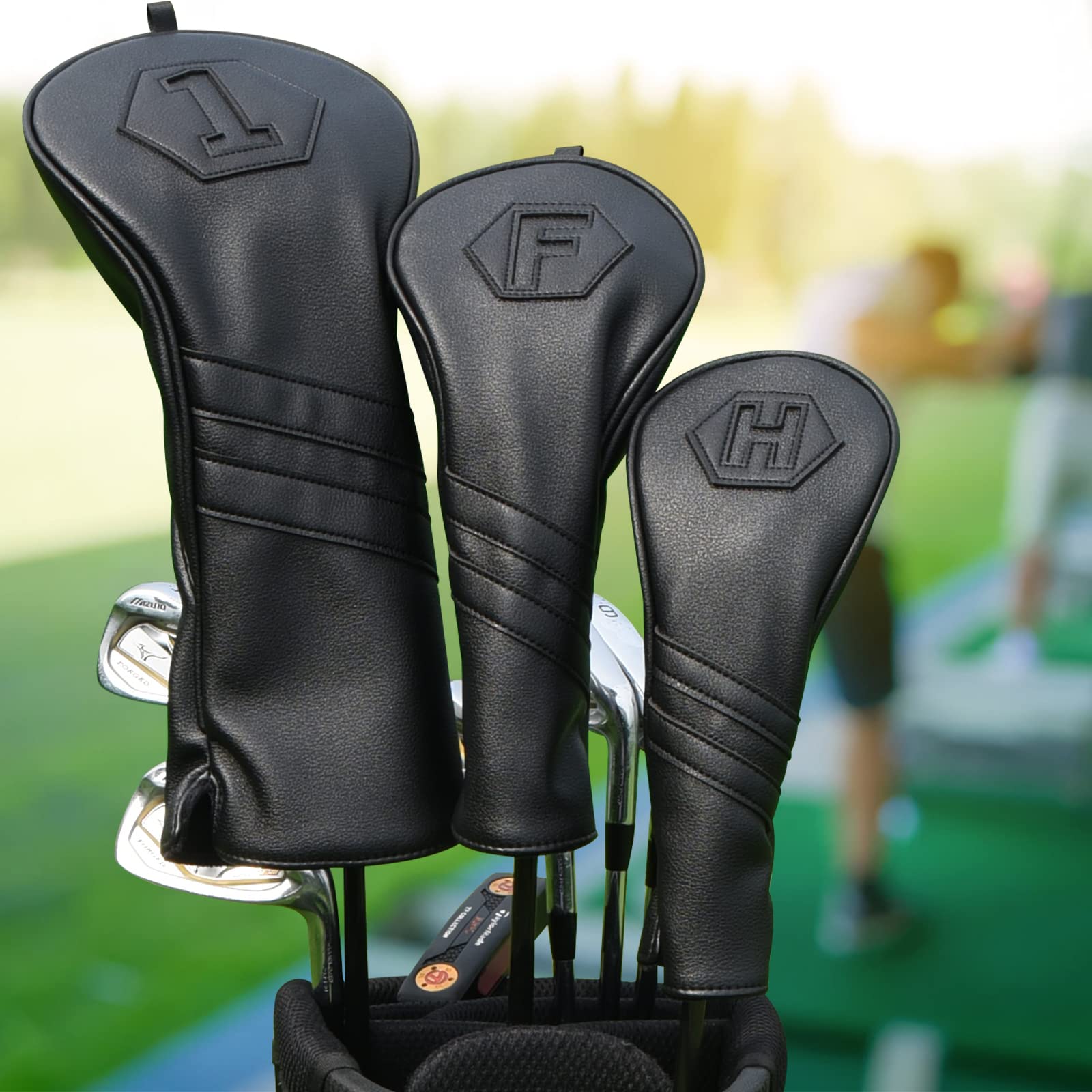 Golf Club Head covers Wood Set 3 PACKS 1FH DR FW UT for Driver Fairway Hybrid with No.Tag Black PU Leather Elastic Closure — image 1
