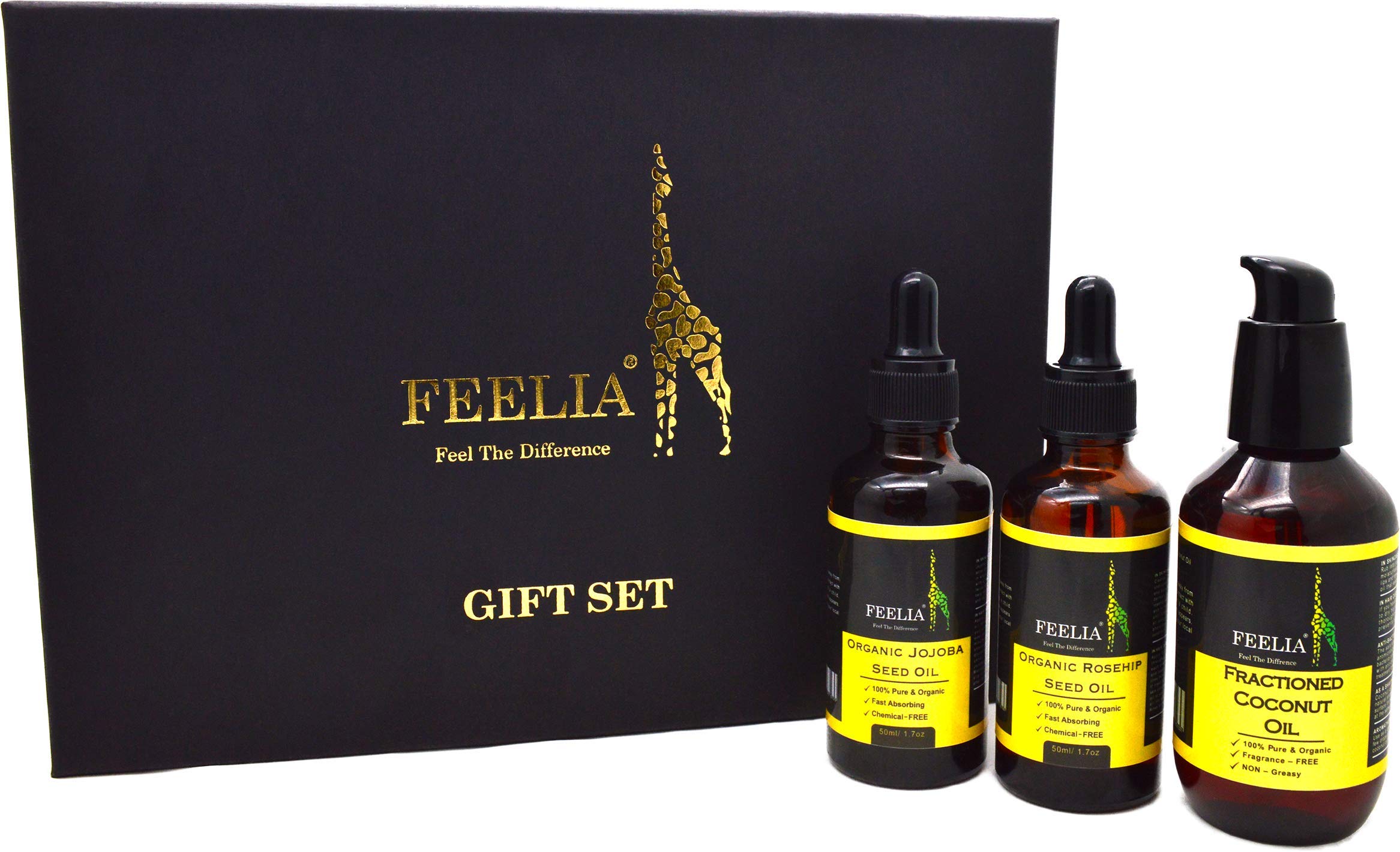 Feelia - Gift Set – Organic Rosehip oil, Organic Jojoba Oil, Organic Fractioned coconut oil, Cold Pressed 100% Pure and Organic (Gift Set)