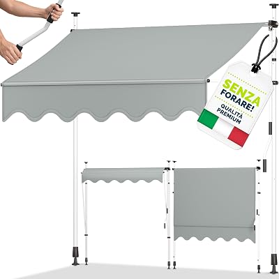 Tenda da Sole a Bracci con Manovella | Protezione Balcone, Regolabile, Senza Forare, a Manovella | Tenda resistente per Esterno (Grigio chiaro, 250cm)