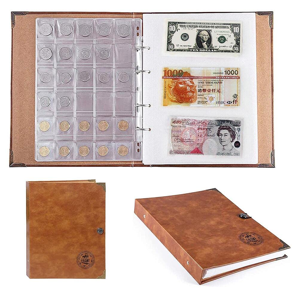 Primst Leather Coin Holder, Coin Collecting Album Book Storage for Collectors, Holds 150pcs Coins and 240pcs Paper Money, Currency Collection Holders