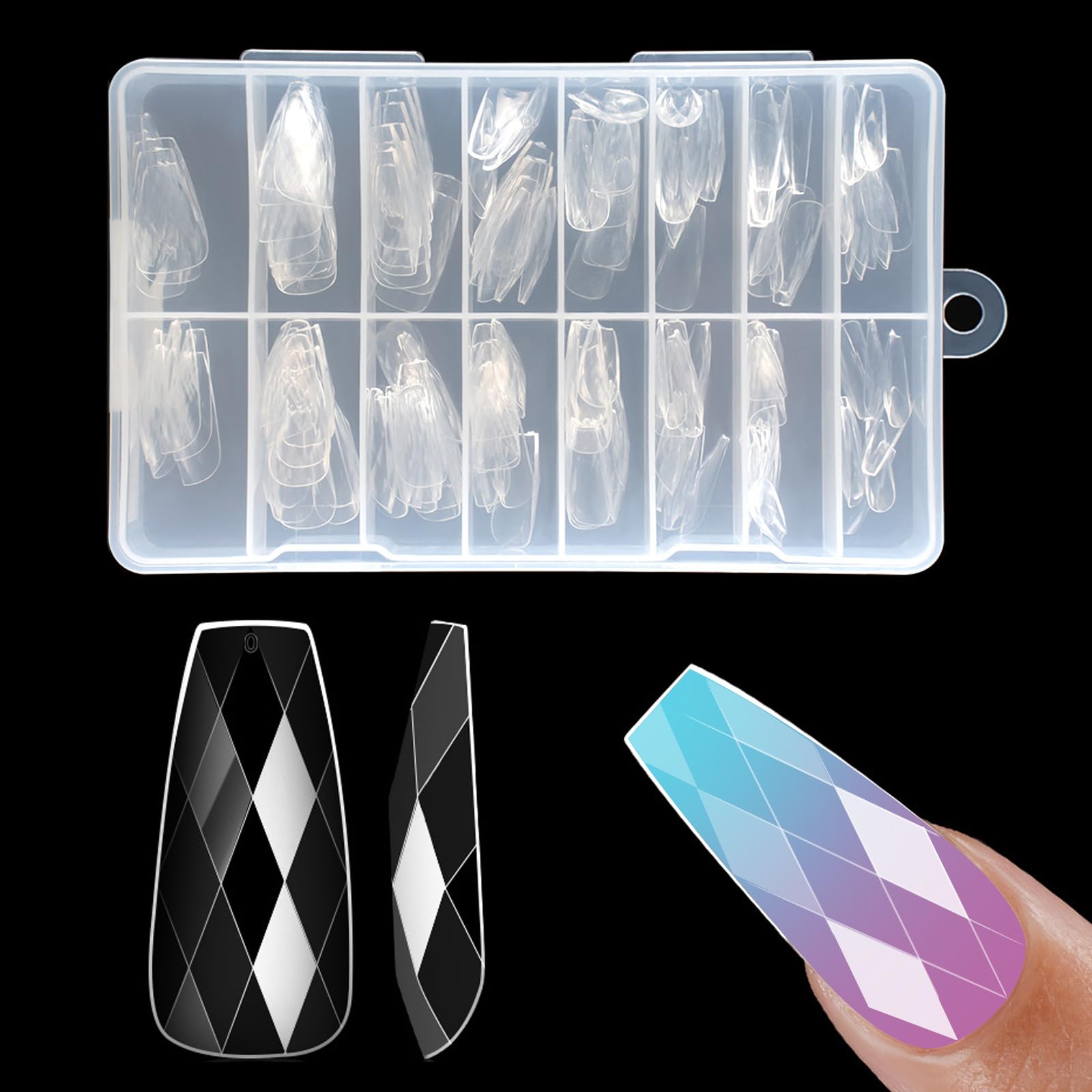 ZAHRVIA Coffin Nail Tips-120 Pcs Medium Length Coffin Clear Nail Tips, 3D Diamond Shape Designs Soft Gel Tip Full Cover Acrylic Nail Tips, Nail Extension 15 Sizes