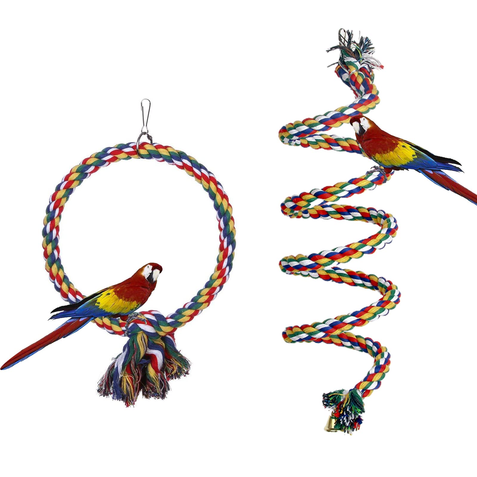 Aedcbaide Bird Parrots Toys, 2 Pack Parakeet Parrot Swing Chewing Hanging Toys with Bell, 59inch Cotton Rope and 7Inch Diameter Bird Hanging Swing for Budgie, Cockatiels, Conures, Finches
