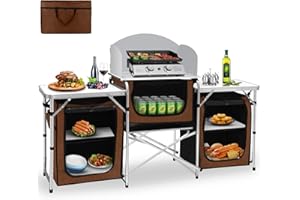 Seeutek Camping Kitchen Table, Aluminum Portable Outdoor Cooking Table, Foldable Camp Table with Windscreen and 3 Storage Cupboards Multifunctional for BBQ, Party, Picnics & Outdoor Brown