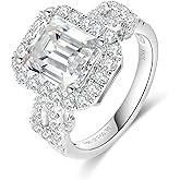 AmoreNel Moissanite Engagement Ring for Women Emerald Cut D Color VVS1 Moissanite Ring for Women S925 Sterling Silver Plated 18K White Gold Promise Wedding Ring for Women