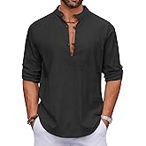 COOFANDY Men's Cotton Linen Henley Shirt Casual Beach Hippie Shirts Long Sleeve T-Shirts