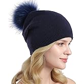 Women Knit Wool Beanie - Winter Fashion Solid Wool Hats Real Removable Raccoon Fur Pom Pom Warm Ski Beanie