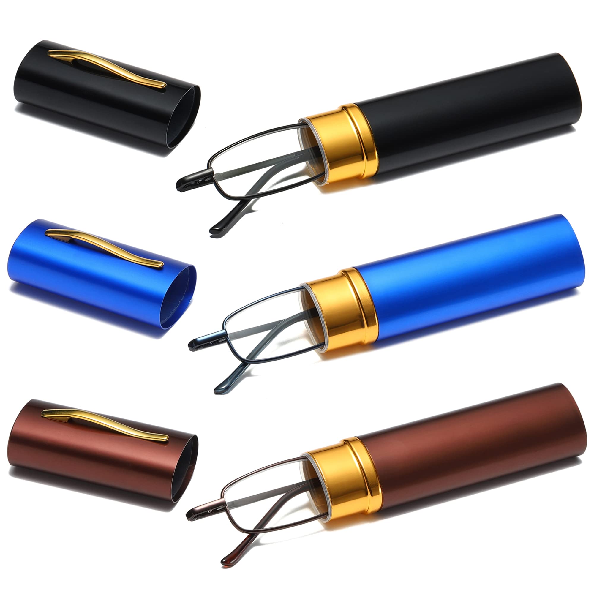 Small Portable Reading Glasses For Men Women Anti Blue Light Mini Compact Pen Reader Lightweight 3 Pack +1.0