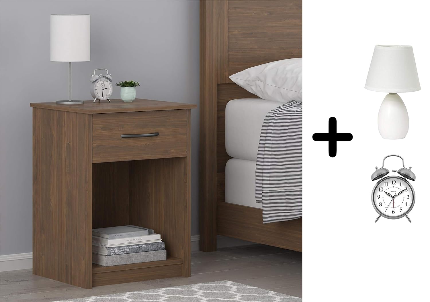 Nightstand Mdf End Tables Pair Bedroom Table Furniture 1 Set No Usb Dark Espresso With Exclusive Table Lamp And Alarm Clock Nightstands