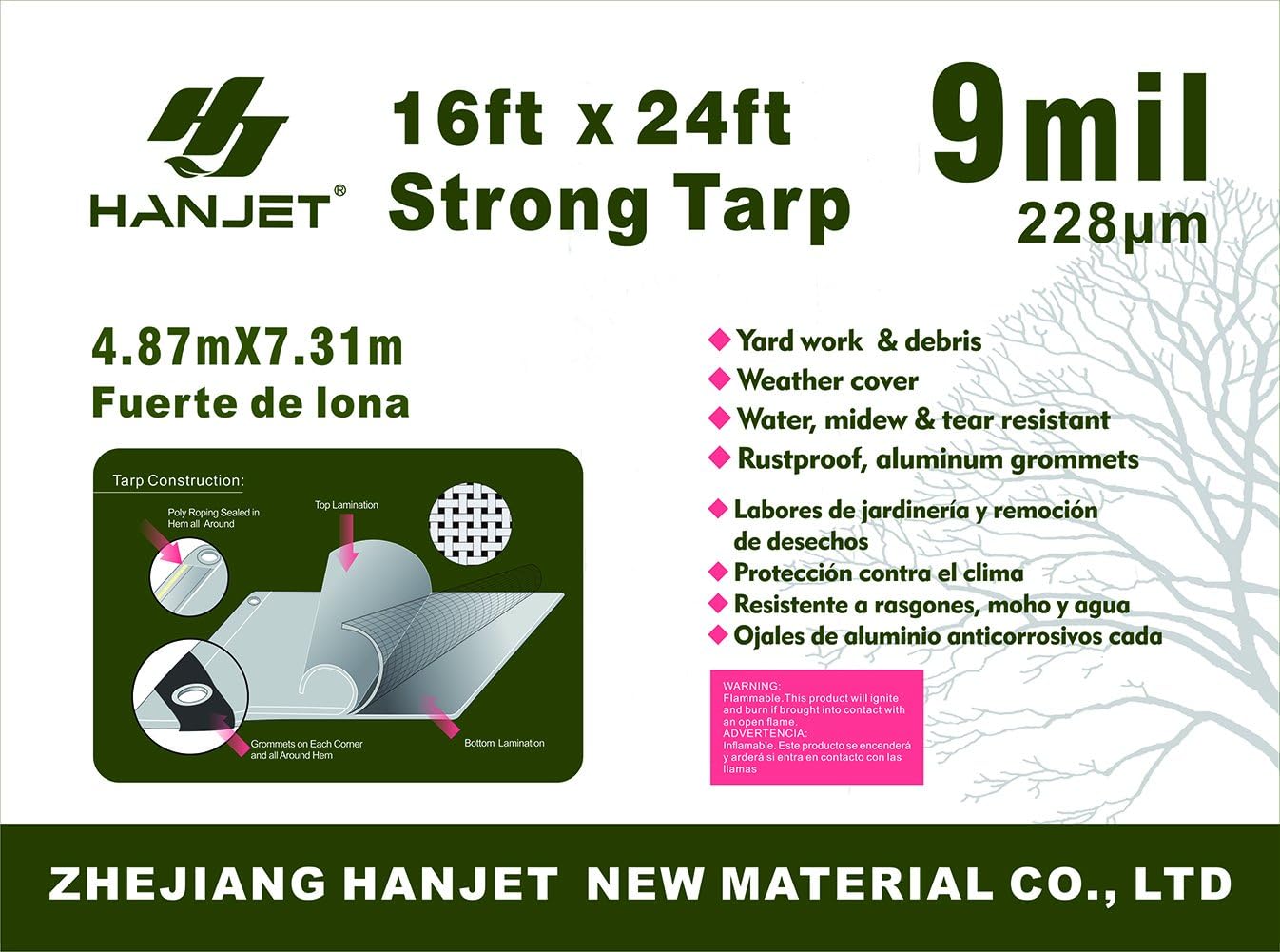 Hanjet Heavy Duty Tarp 16' x 24' 9-mil Waterproof Poly Reinforced Tarp Cover Tent Shelter Camping Tarpaulin with Grommets Forest Green - - 