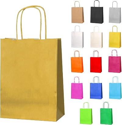 Thepaperbagstore 10 Gold Small Paper Party Bags With Handles 18x22x8cm