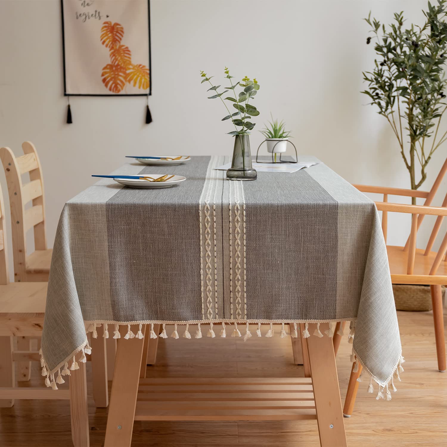 Yicorgard Grey Table Cloth Rustic Style 55“ x 102”,Double Braided Striped Linen Tablecloth Rectangle with Tassels for Dining Kitchen
