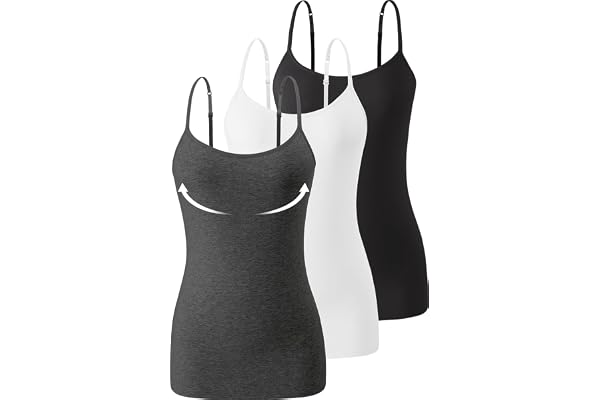 Air Curvey 3 Piece Womens Camisole Build in Bra Camis Adjustablle Spaghetti Strap Undershirts Tank Tops
