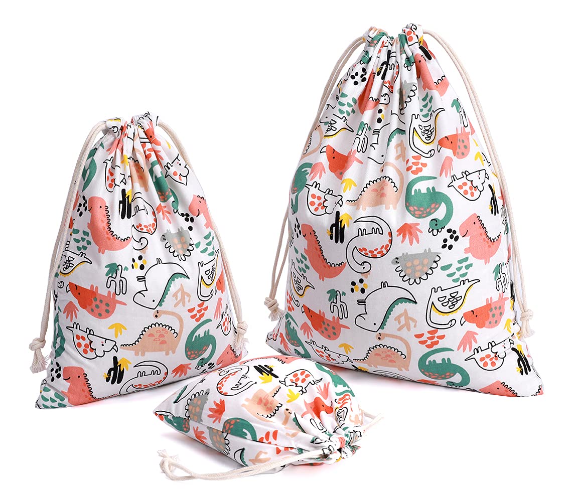 Amoyie 3 pcs Drawstring Storage Bags Set for kids Stuff, Travel Accessories, Gift Bag, Cotton Organizer Bag for Toy Nuts, Dinosaurs