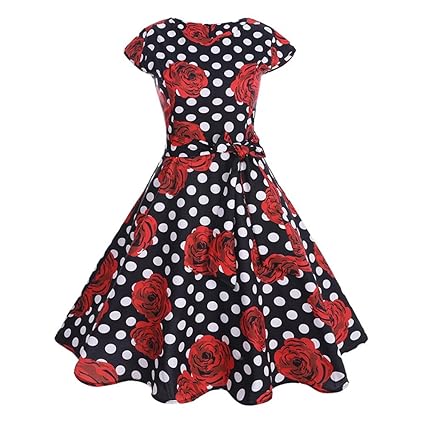 JMETRIC Retro 60er Hepburn Stil Kleid Hohe Taille Faltenrock Roten Blumendruck Gürtel Kleid Kleidung