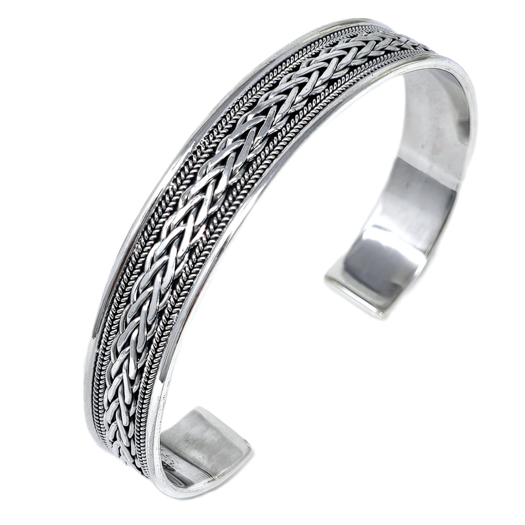 Treasure Bay Men's 925 Sterling Silver Braided Bangle Bracelet - Handcrafted 12mm Solid Silver Celtic Braided Open Cuff Adjustable For Men