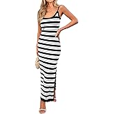 MASCOMODA Women 2025 Spaghetti Strap Striped Bodycon Maxi Dress Summer Sleeveless Knit Fitted Beach Long Sundress with Slit