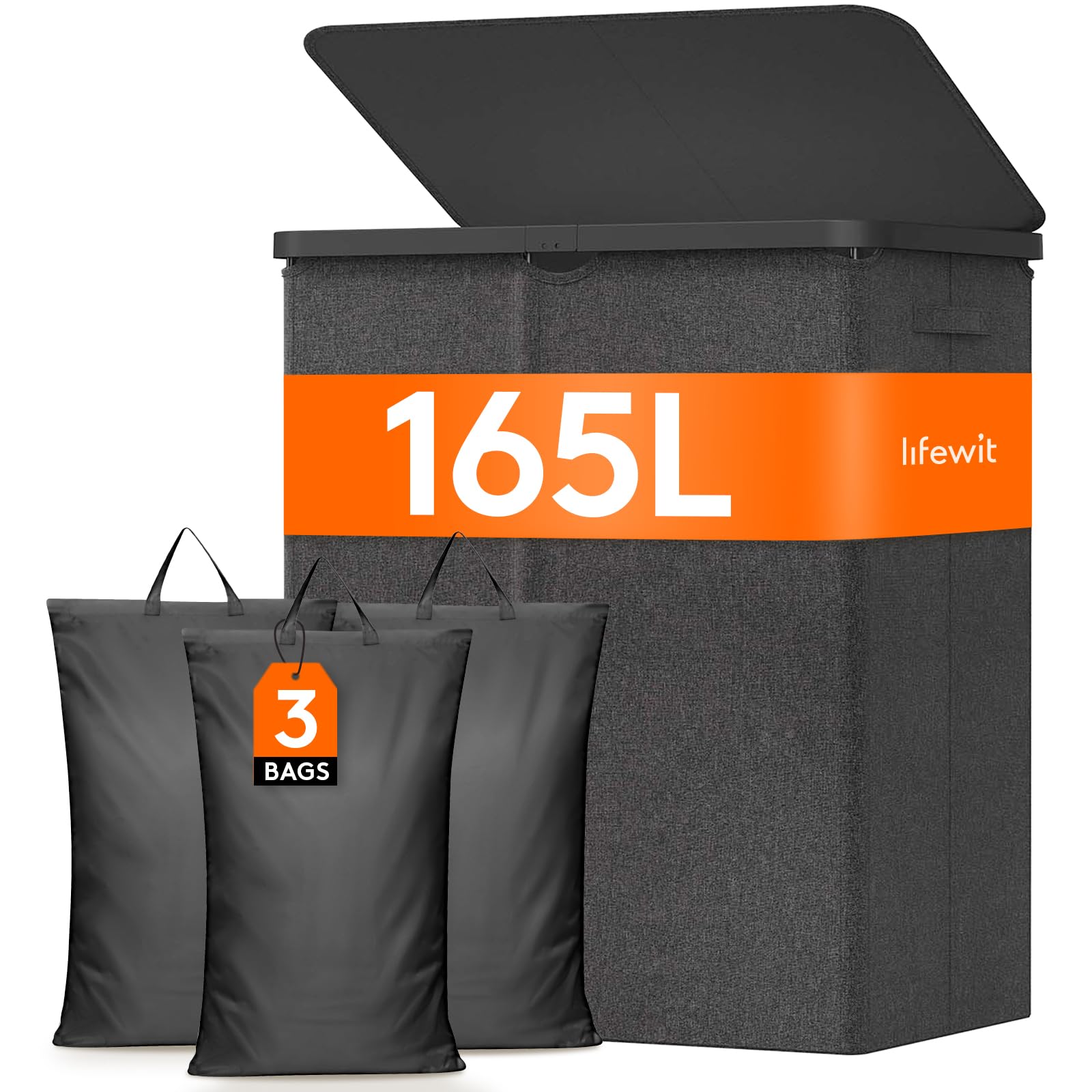 Photo 1 of Lifewit 165L Laundry Basket with Lid, Large Laundry Hamper with Plastic Handles and Removable Bag, Foldable Tall Dirty Clothes Hampers for Laundry for Laundry Room, Bedroom, Bathroom, Dorm, Dark Gray