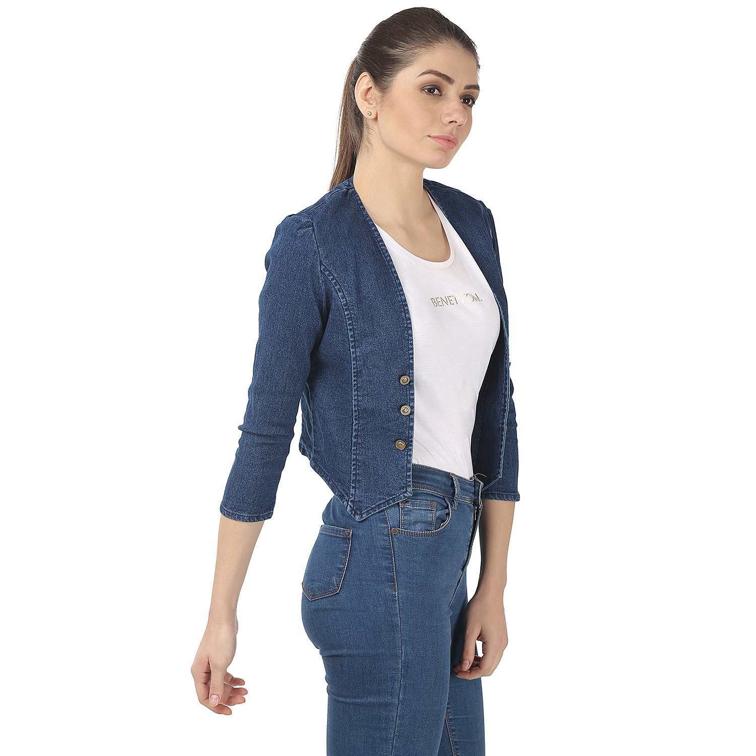 my swag blue denim 3/4 sleeve shrug for women