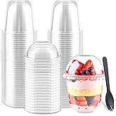Zezzxu 50 Pack 12 oz Plastic Dessert Cups with Dome Lids (No Hole) and Sporks, Clear Disposable Fruit Cups with Lids for Yogurt Parfait Ice Creams Pudding Cakes