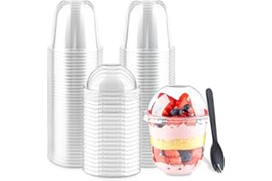 Zezzxu 50 Pack 12 oz Clear Plastic Dessert Cups with Dome Lids (No Hole) and Sporks, Disposable Yogurt Parfait Cups with Lids for Fruit Salad Ice Creams Pudding Cakes