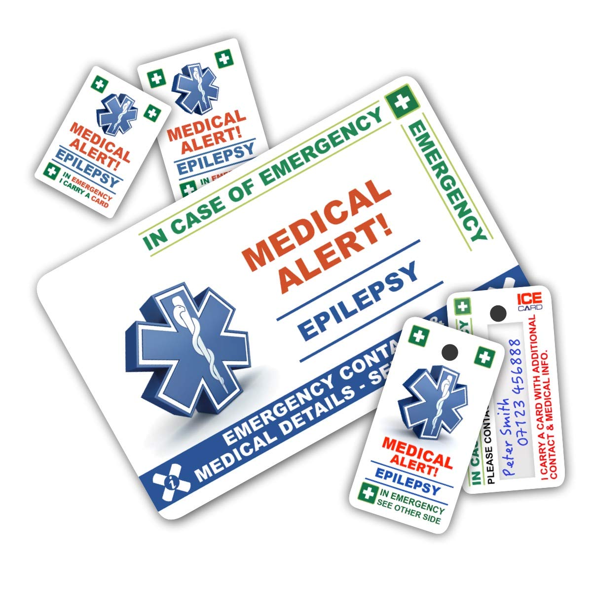 EPILEPSY In Case of Emergency (I.C.E.) ICE Card Pack with Key Rings & Stickers from ICEcard. Suitable for those who suffer epileptic seizures