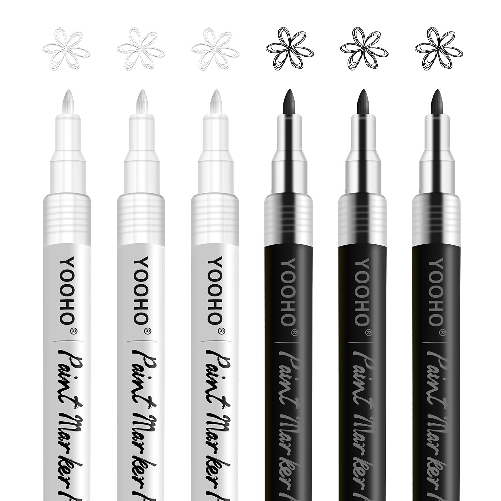 YOOHO Black White Acrylic Paint Pens Paint Markers Fine Tip 0.7mm, 6PCS Acrylic Permanent painting for Glass Rocks Wood Tire Metal Painting, Washable Acrylic Paint for Crafting