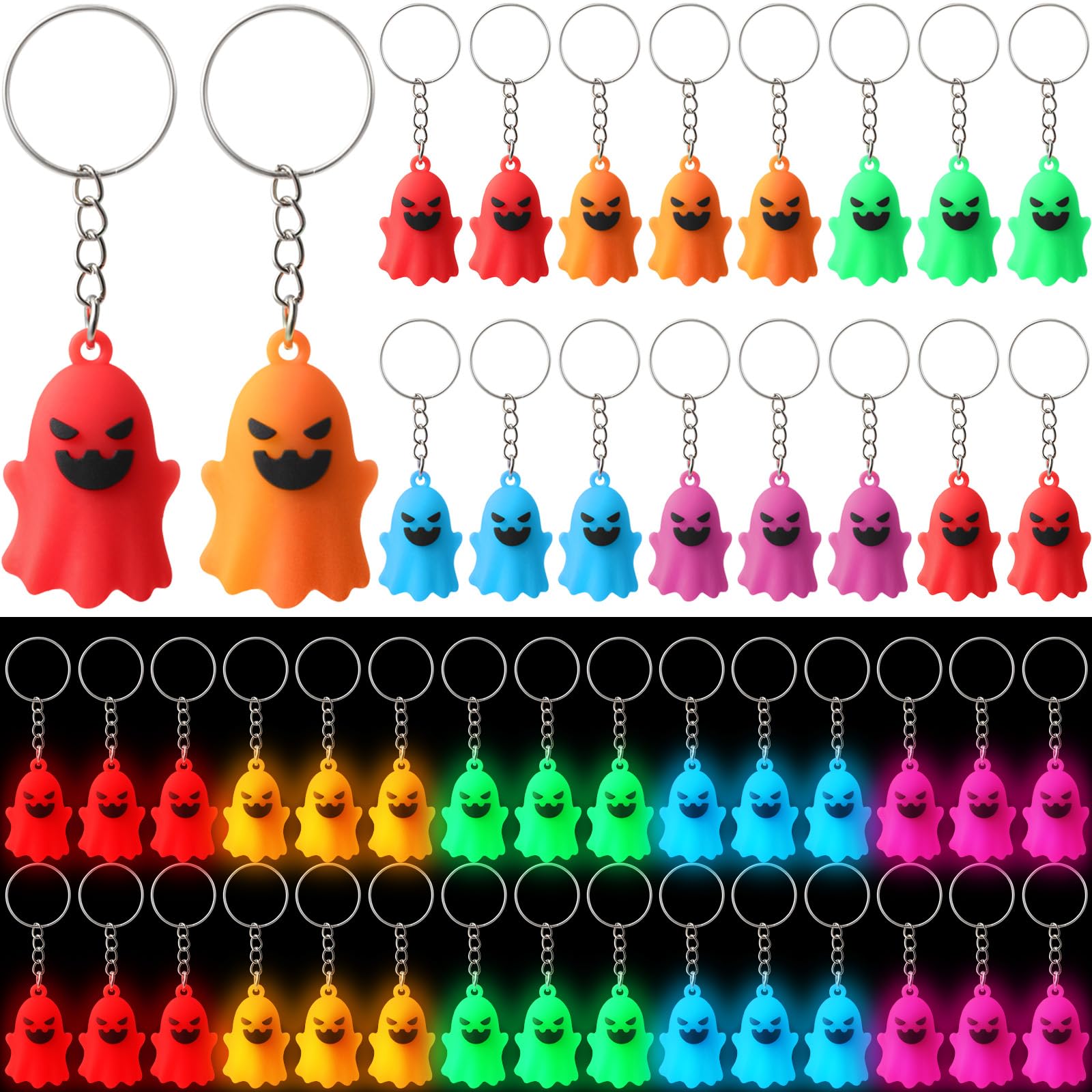 Photo 1 of Simgoing 50 Pcs Halloween Glow in The Dark Mini Ghost Keychains, Small Luminous Ghost Figurines Key Chains, Halloween Party Pendant Gifts for Classroom Reward, Trick-or-Treat, Spooky Night Favors