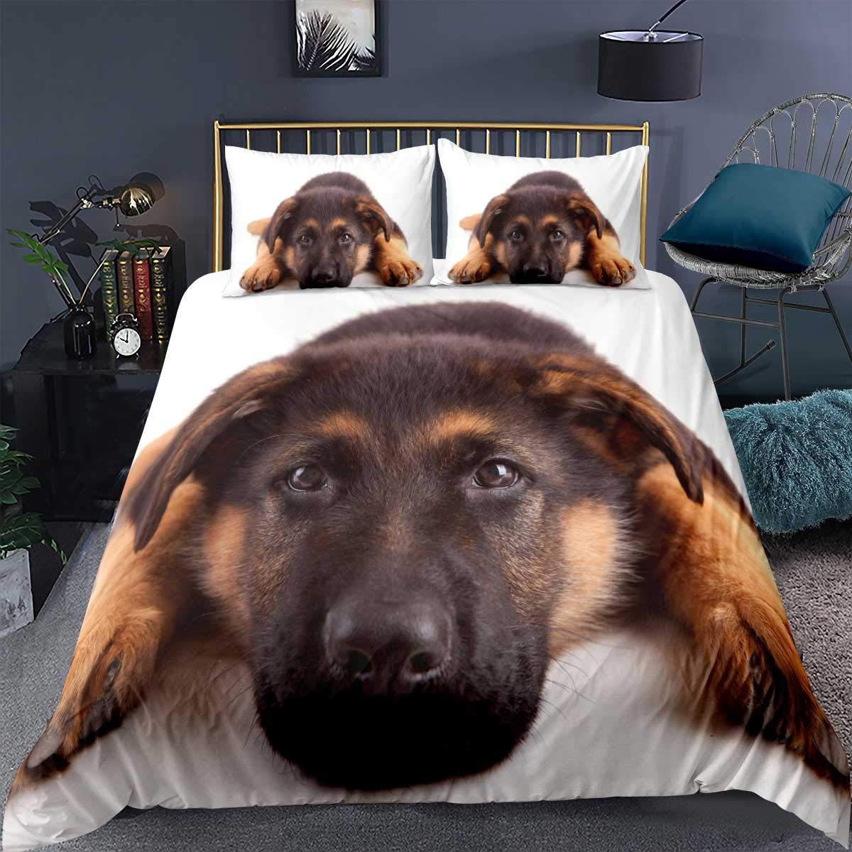 Loussiesd German Shepherd Comforter Cover,Cute Puppy Animal Pattern Hound Purebred Canine With Innocent Brown,Bedroom Decor 2 Pieces Bedspread Cover Single Size:1 Quilt Cover & 1 Pillowcases,Ties