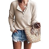 Famulily Women's Waffle Knit Tunic Tops Loose Long Sleeve Button Up V Neck Henley Shirts
