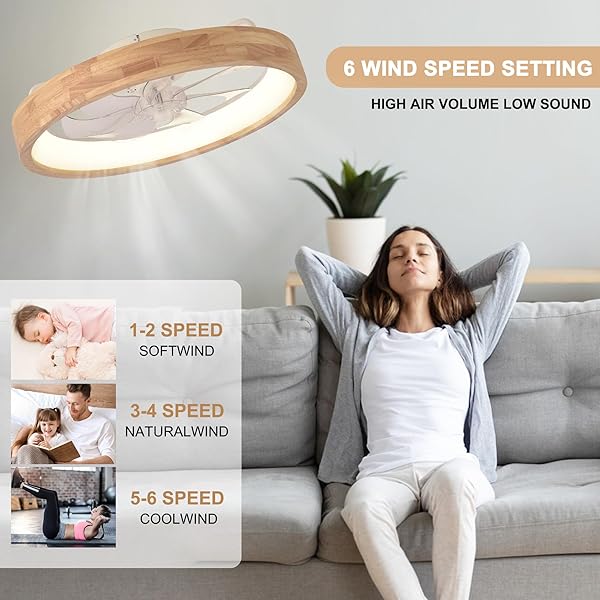 OAKS AURA 20” CEILING FAN WITH LIGHT, 3 COLOR DIMMABLE LED, 6 SPEEDS,REVERSIBLE MODERN WOODEN FLUSH MOUNT LOW PROFILE CEILING FANS WITH LIGHTS AND REMOTE FOR BEDROOM/KIDSROOM/DINNG ROOM