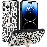 Ufbara Compatible with iPhone 14 Pro Case for Women Girls, Cute Cheetah Leopard Pattern, Built in Adjustable Wrist Strap Grip Hand Holder Stand Shockproof Kickstand Cover (Black White)
