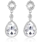 Diamond Drop Earrings, Teardrop-shaped Diamond Dangle Earrings, Silver Rhinestone Non-Pierced Clip-On Earring, Wedding and Party Costume Jewelry