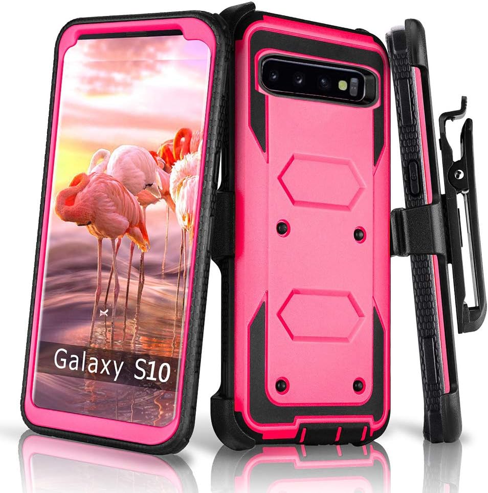 Compatible Galaxy S10+ Plus Case, HONTECH Heavy Duty Armor 2 in 1 Shockproof Series Dust-Proof Cover with a Screen Protector Case with a Belt-Clip Holster (Rose red)