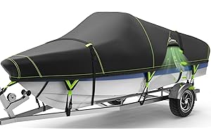UIRWAY 1200D Heavy Duty Waterproof V-Hull Boat Cover Black, 16-18.5ft Trailerable with Night Safety Reflective Strips, UV Res
