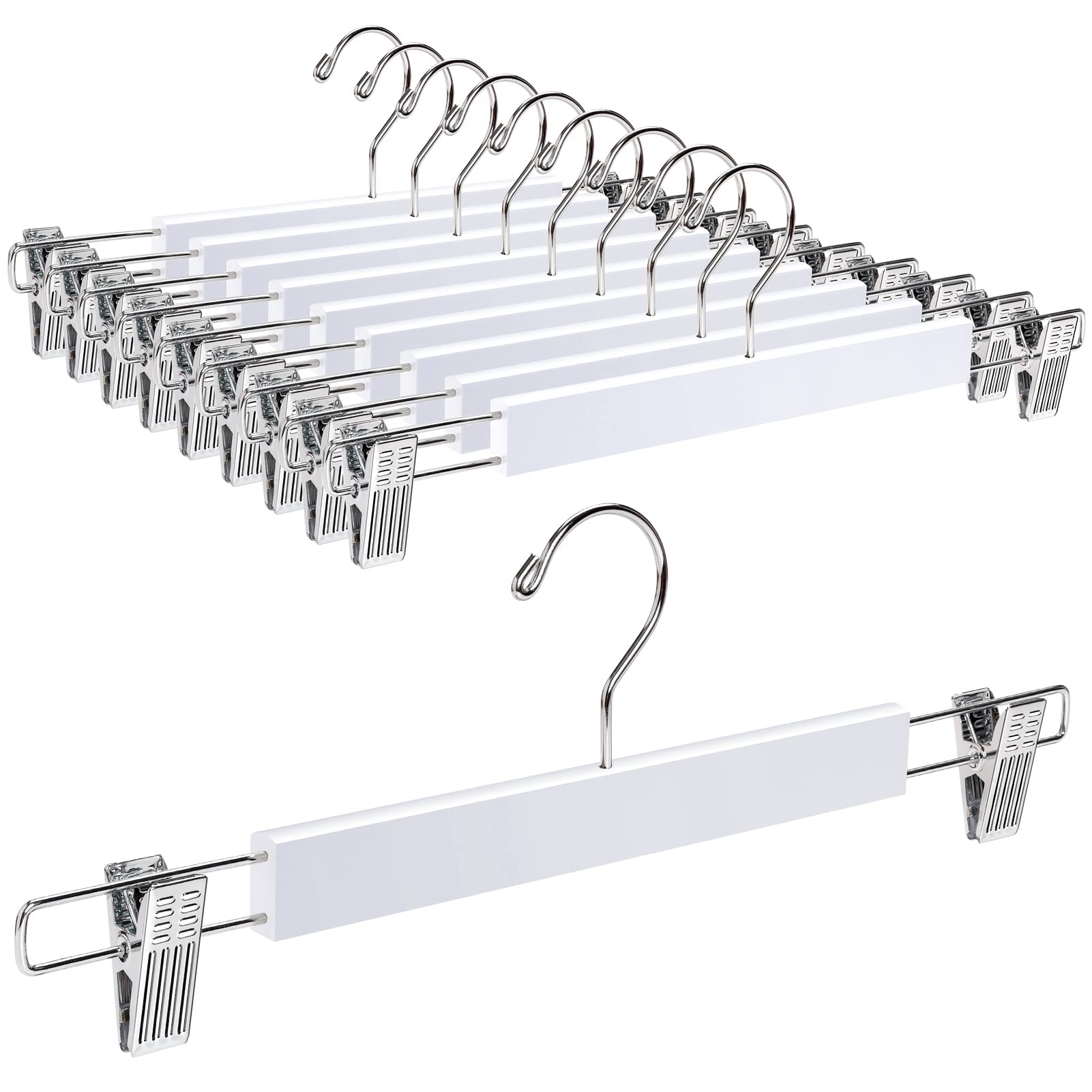 Amber Home 36cm White Wooden Pants Hangers 10pcs, Smooth Wood Skirt Hanger Organizer with Adjustable Anti-Slip Chrome Clips, Space Saving Solid Clothes Hangers Rack for Bottoms Jeans Slacks Trousers