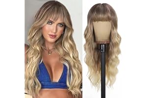UNNYMGER Blonde Wig with Bangs Long curly wavy Wig for Women Ombre wig with Brown root skin-friendly synthetic fiber for festival holiday Use 26IN