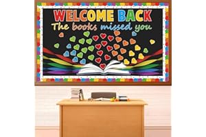 JISFIGTRH Welcome Back to School Bulletin Board Decorations Welcome Back the Books Missed You Bulletin Board Colorful Heart Paper Cutouts Reading Theme Classroom Decor for Home Library Preschool Chalkboard Wall