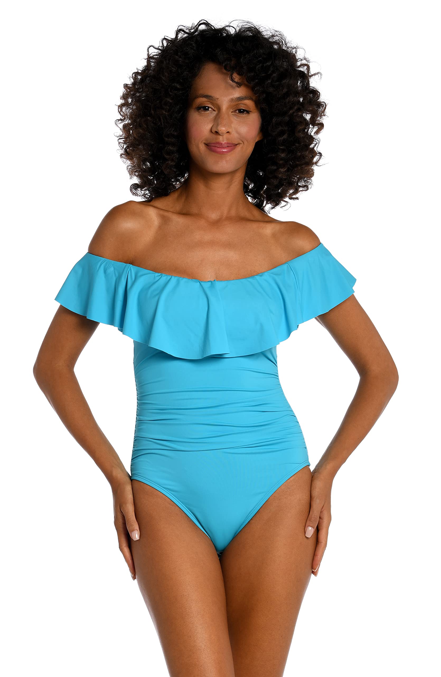 La Blanca Women’s Island Goddess Off Shoulder Ruffle One Piece Swimsuit, Azul, 6