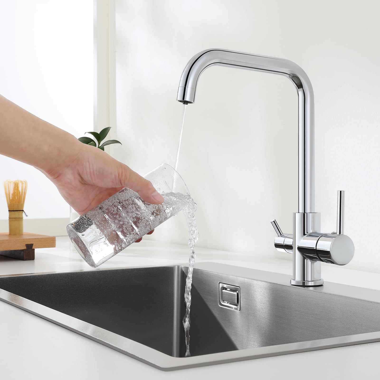 KINKIBOS Chrome 3 Way Kitchen Tap with Drinking Filtered Water Outlet, 360° Swivel Three Way Water Filter Tap, Triflow Kitchen Taps with 2 Lever, Brass Body