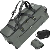 STOVER 100L U-Zip Rolling Duffel Bag with Wheels, X-Large Durable Travel Duffle + Toiletry Bag, Lay-Flat Opening, Packable w/Shoulder Straps- Use as Luggage or Backpack, Men/Women (Green)