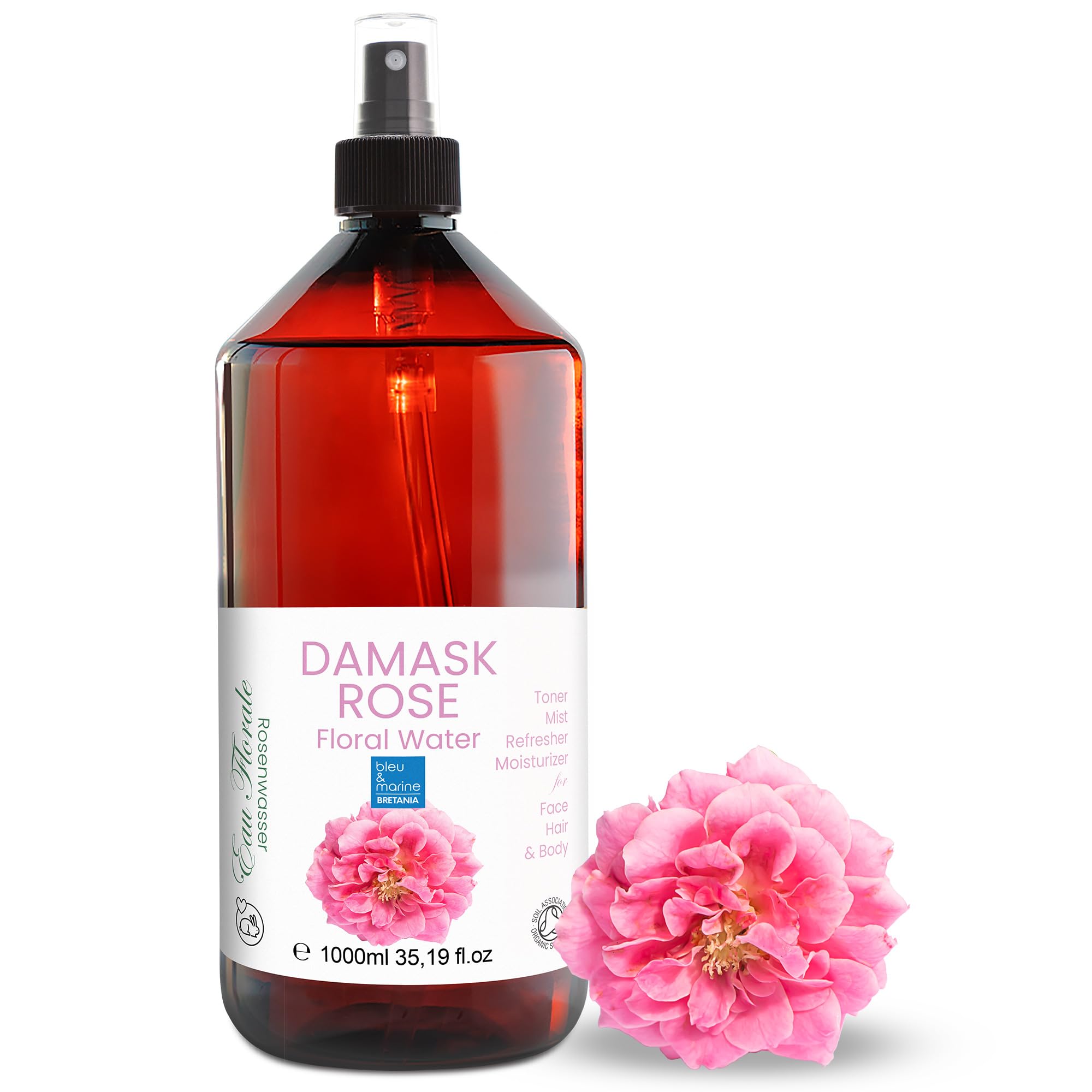 Organic Rose Water Facial Cleanser, Moisturising Toner for Dry and Mature Skin, Make-up Remover with Anti-Ageing, Soothing and Moisturising Effect - 1000 ml 1 L 35.2fl oz