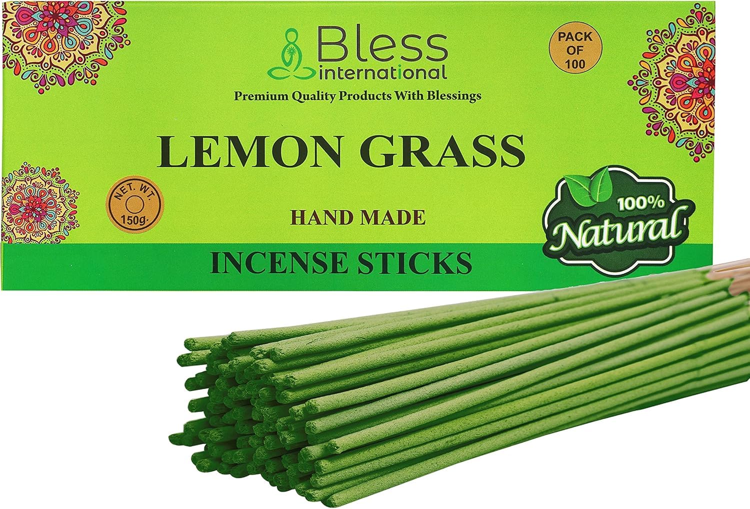 Bless-Lemon-Grass-Incense-Sticks 100%-Natural-Handmade-Hand-Dipped-Incense-Sticks Organic-Chemicals-Free For-Purification-Relaxation-Positivity-Yoga-Meditation The-Best-Woods-Scent (100 Sticks(150GM))