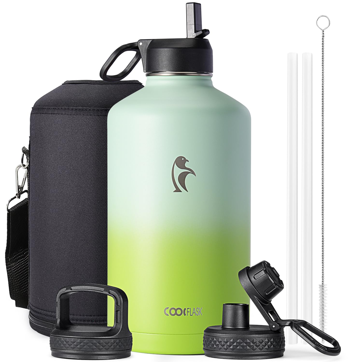Photo 1 of Coolflask 128 oz Gallon Water Bottle Insulated with Straw&3 Lids, Water Jug Large Stainless Steel Metal Vacuum Wide Mouth for Sports, Gym or Office, Non-BPA Keep Cold 48H Hot 24H, Ombre Green