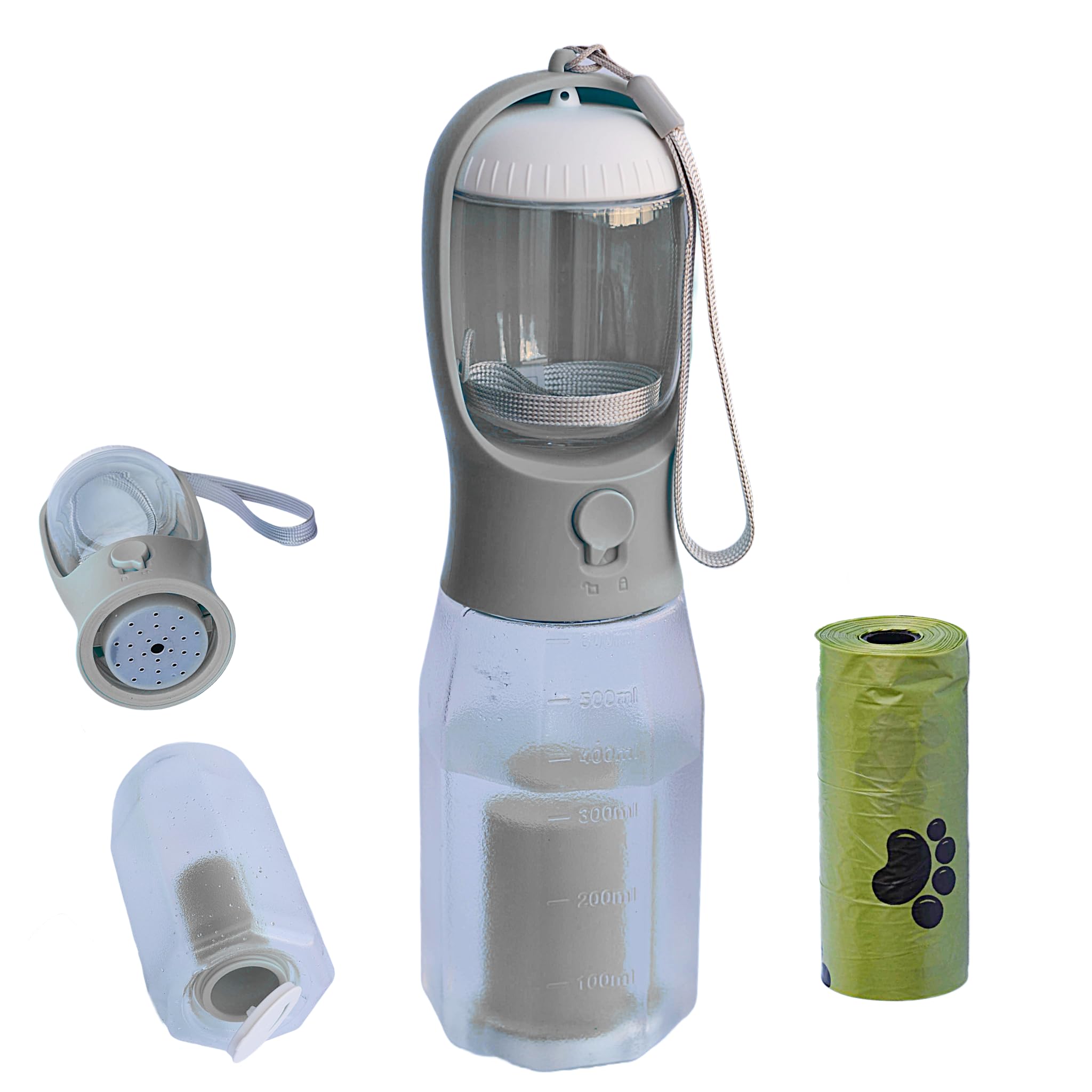 PANJAL Portable Dog Water Bottle 600ml, 4 in1 Multi Function Leak Proof BPA-Free Poo Bag Dispenser Snack Compartment Carbon Filter - Outdoor Walking Hiking Travel - Gray